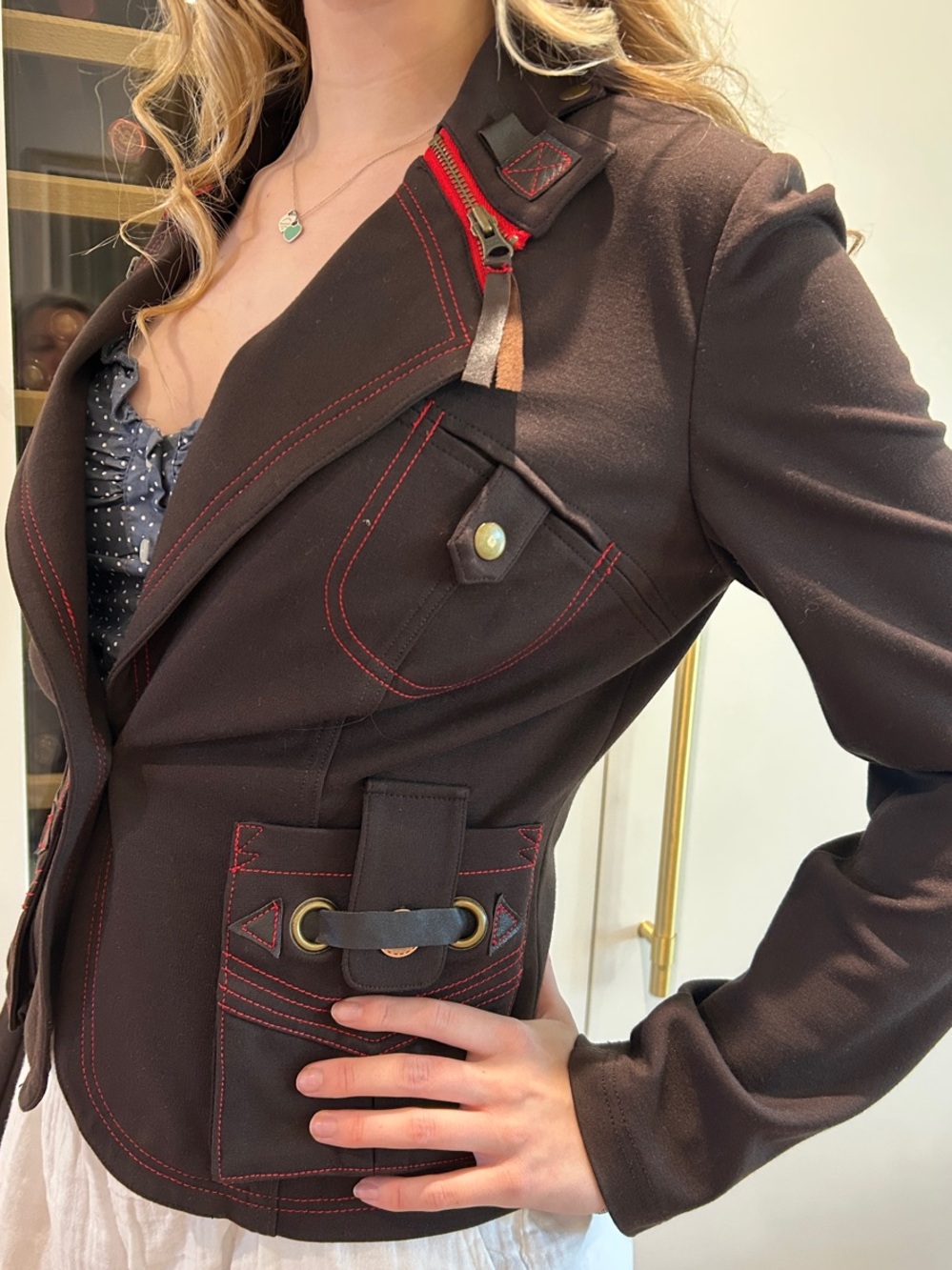 Simon Chang Chocolate Brown Blazer with Red Stitching